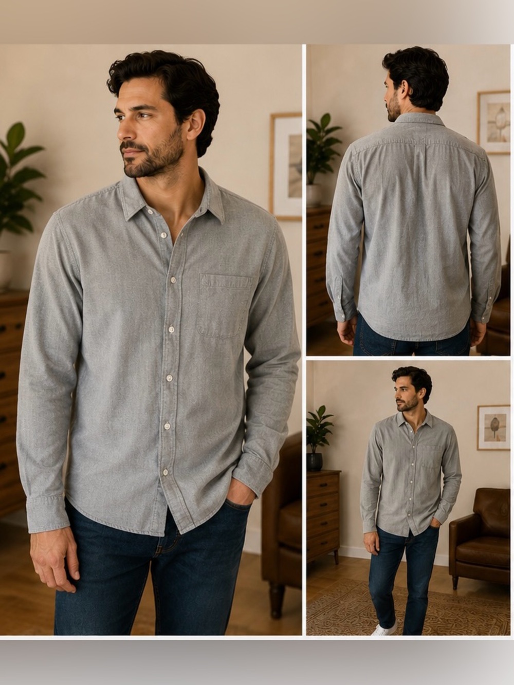 Club Monaco Slim Fit Gray Herringbone Button Up Shirt Men's Large